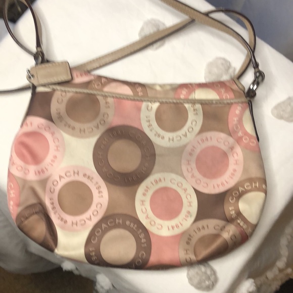 COACH SOHO logo snap head flap mini pink, brown, & tan Sateen fabric crossbody. - Picture 4 of 9